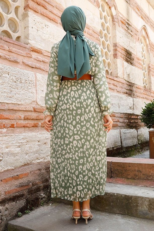 Kemerli Piliseli 2015 Şifon Tesettür Elbise - Haki - 7