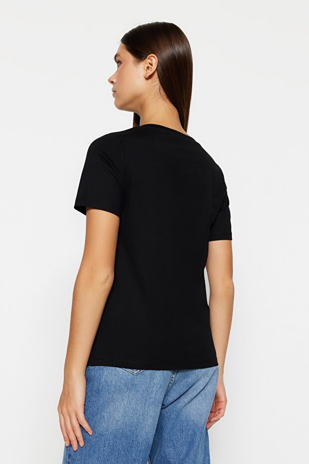 Siyah %100 Pamuk Basic V Yaka Örme T-Shirt TWOSS23TS00001 - 5