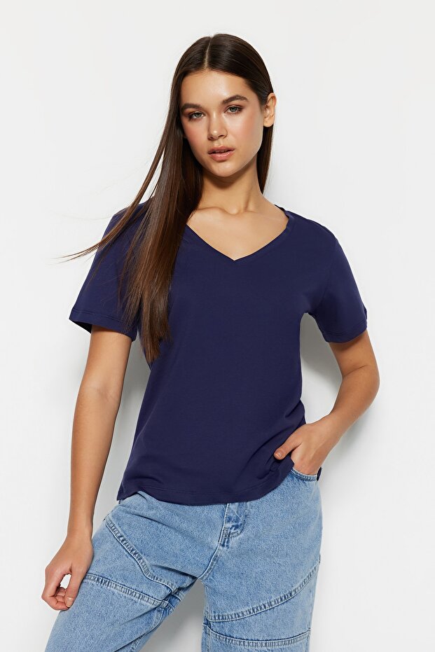 Lacivert-Lila %100 Pamuk 2'li Paket Basic V Yaka Örme T-Shirt TWOSS23TS00002 - 2