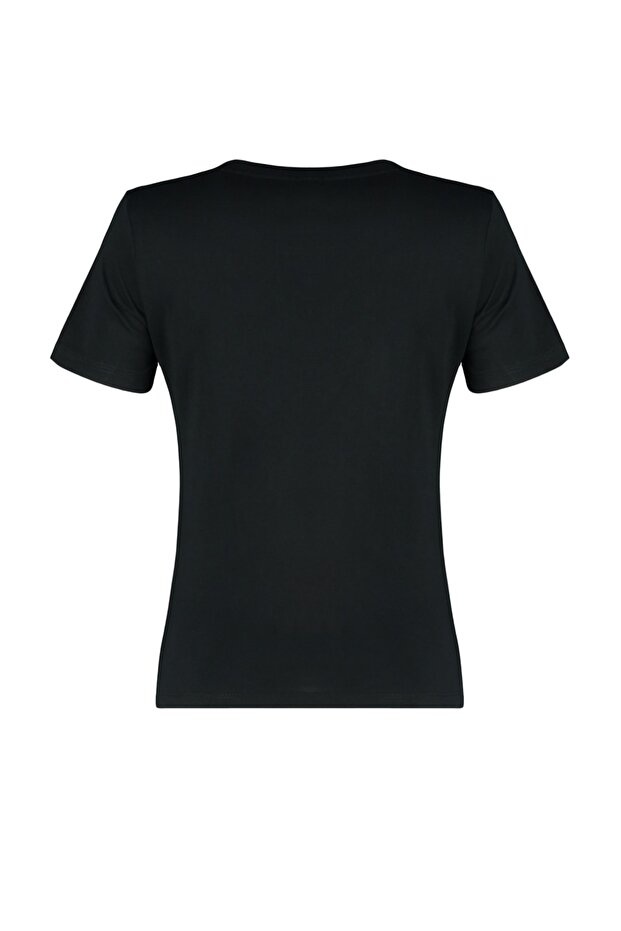 Siyah %100 Pamuk Basic V Yaka Örme T-Shirt TWOSS23TS00001 - 8
