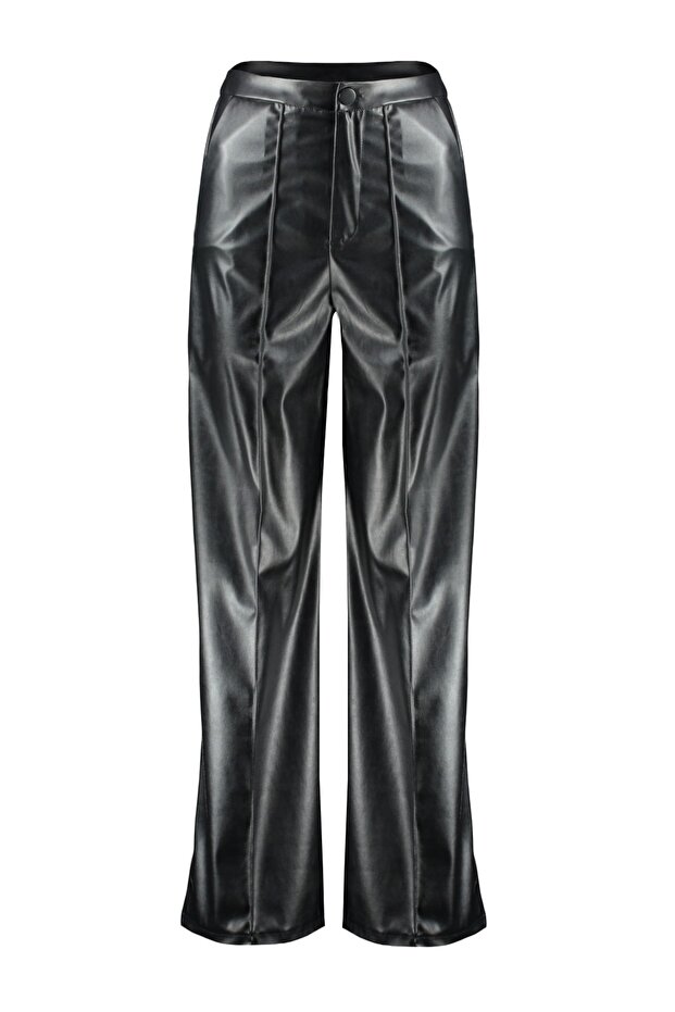 Siyah Suni Deri Wide Leg/Geniş Paça Nervürlü Yüksek Bel Pantolon TWOSS23PL00131 - 6