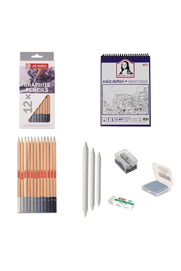Eskiz Başlangıç Seti 3 + Dereceli Kalem + A5 Defter + Dağıtıcı Set + Silgi + Açacak + Hamur Silgi - 1