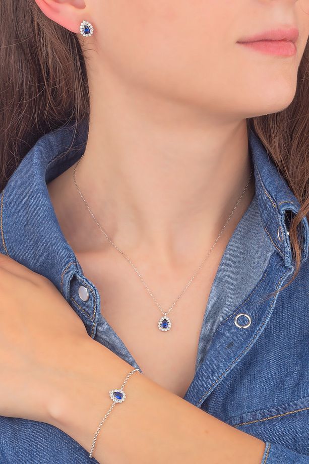 925 Ayar Gümüş Pırlanta Model Safir Taşlı Damla Kolye Küpe Bileklik Takı Seti - 5