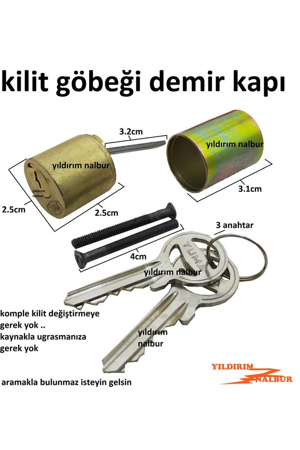 Demir Kapı Kilit Göbeği Demir Doğrama Kilidi Barel Yuvarlak Trajlı Kilit Bareli 2 Anahtar - 2