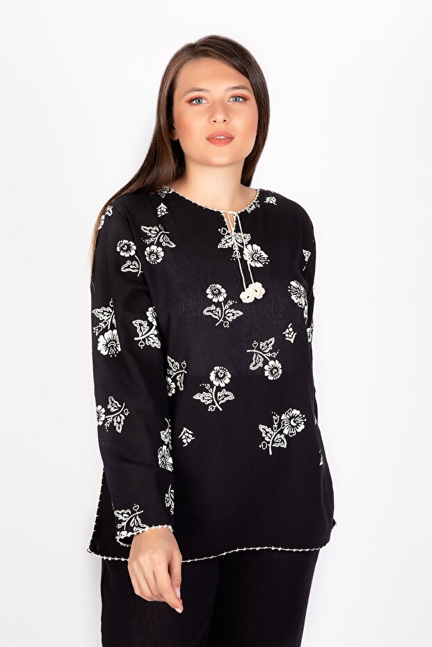 Women's Black Şile Cloth Long Sleeve Blouse