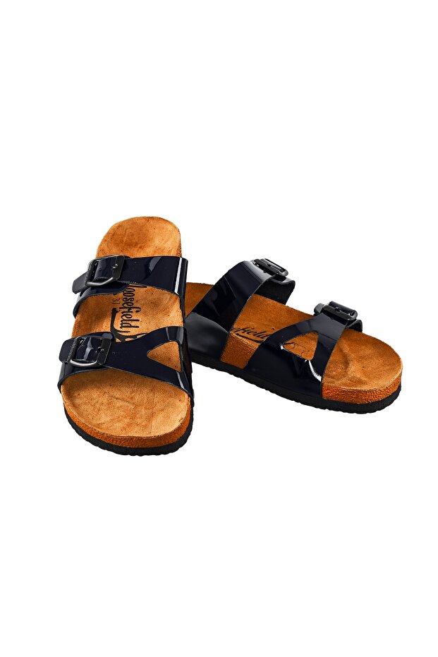 Genuine Leather Navy Blue Women's Slippers