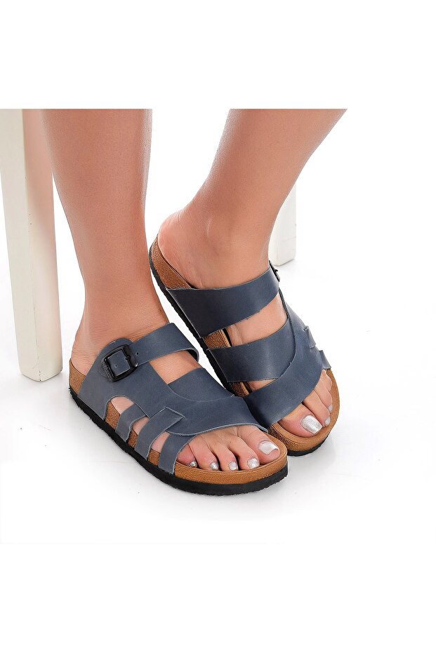 Genuine Leather Dark Blue Women's Slippers
