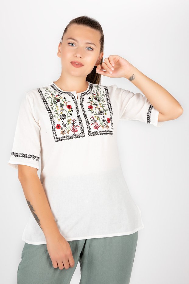 Women's Şile Cloth Short Sleeve Cream Blouse