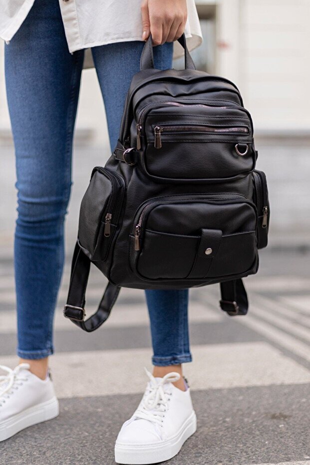 Black Washed Leather Women's Backpack