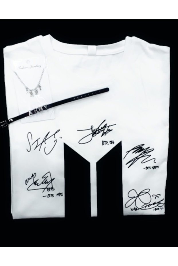 Bts Signature Printed Unisex T-shirt Army Necklace Army Bracelet 3-Piece Combination