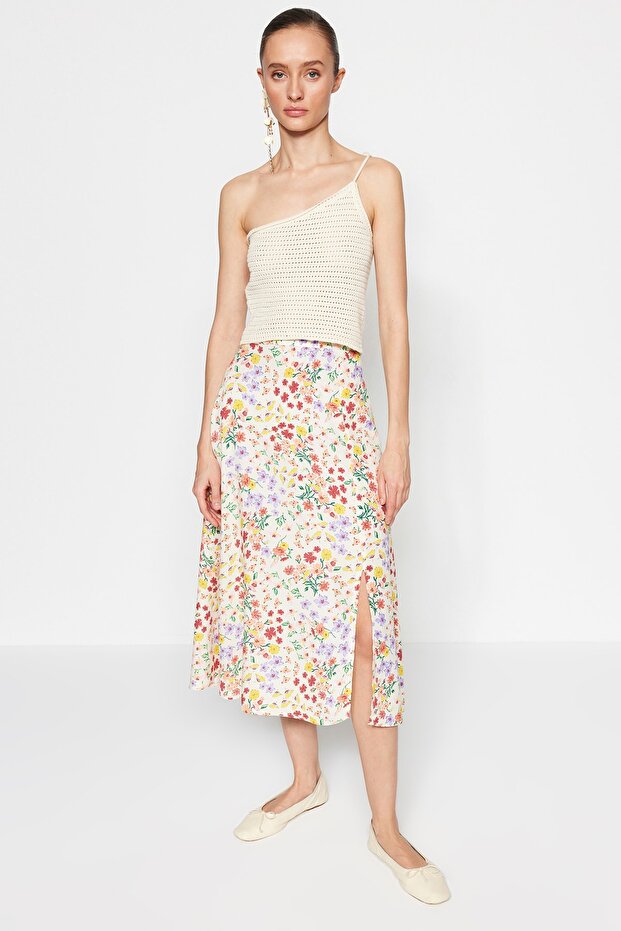 Ecru Slit Detailed Floral Patterned Viscose Fabric Midi Length Woven Skirt Twoss20Et0230