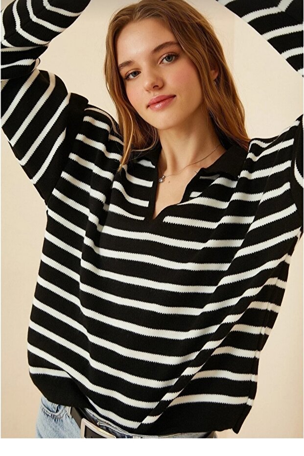 Striped Polo Neck Knitwear Sweater