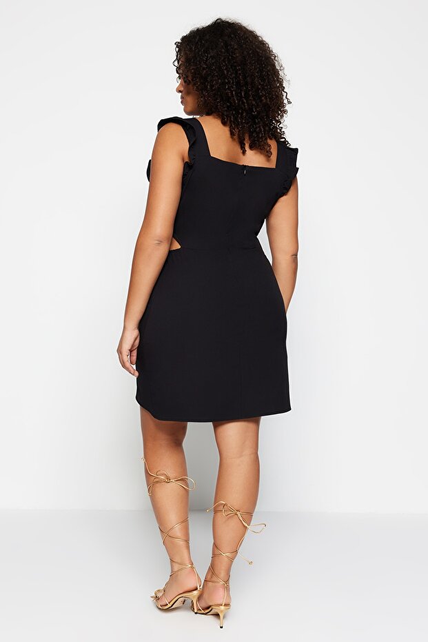 Siyah Cut Out Detaylı Askılı Dokuma Elbise TBBSS23AH00026 - 5