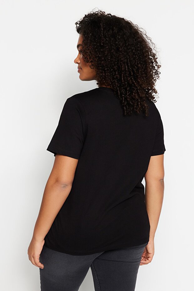 Siyah Regular Fit Basic Bisiklet Yaka %100 Pamuk Örme Büyük Beden T-Shirt TBBSS22TS0733 - 4