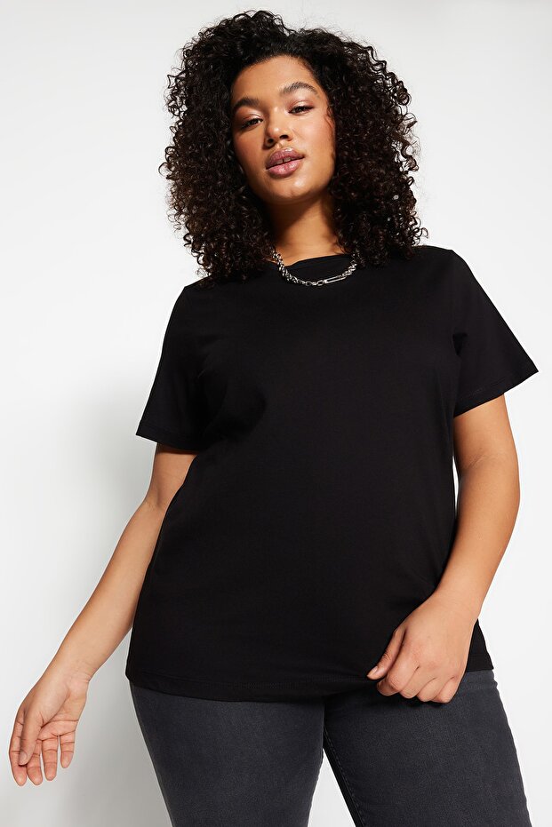 Siyah Regular Fit Basic Bisiklet Yaka %100 Pamuk Örme Büyük Beden T-Shirt TBBSS22TS0733 - 5