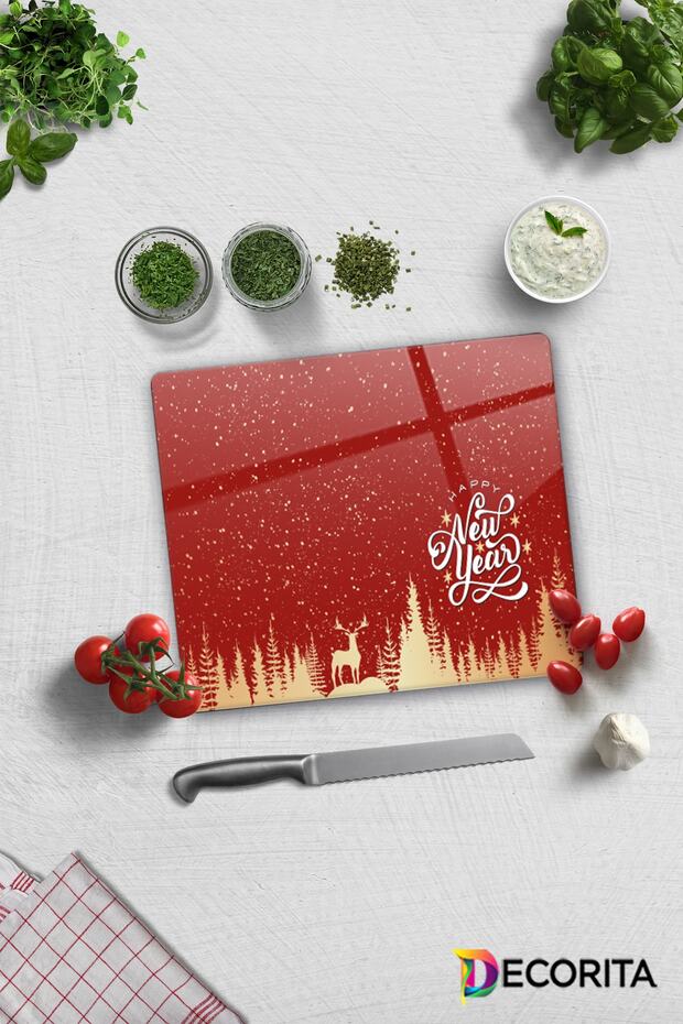 Happy New Year Red Silhouette Glass Cutting Board - 29cm X 34cm
