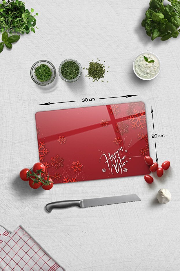 Glass Cutting Board - Glass Cutting Board | Happy New Year Red | 20cm X 30cm
