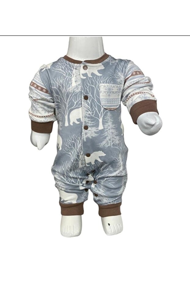 Snowflake Patterned, Footless Jumpsuit with Snap Fasteners (without booties) - 4