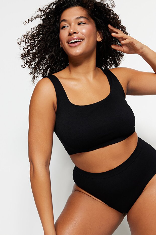 Siyah Seamless/Dikişsiz Balensiz Kapsız Esnek Bralette Örme Büyük Beden Sütyen TBBSS23CW00000 - 1