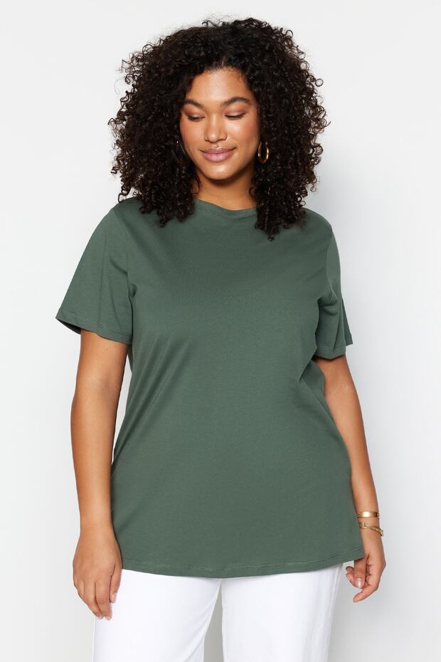 Koyu Mint Relaxed Bisiklet Yaka Yırtmaçlı %100 Pamuk Örme T-Shirt TBBSS22BF0031 - 2