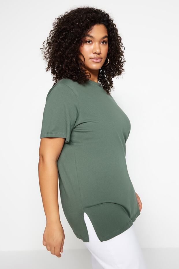 Koyu Mint Relaxed Bisiklet Yaka Yırtmaçlı %100 Pamuk Örme T-Shirt TBBSS22BF0031 - 3