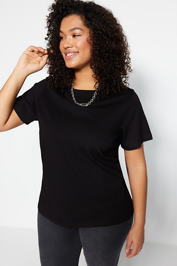Siyah Regular Fit Basic Bisiklet Yaka %100 Pamuk Örme Büyük Beden T-Shirt TBBSS22TS0733 - 1
