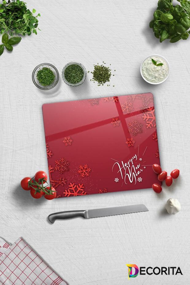 Glass Cutting Board - Glass Cutting Board | Happy New Year Red | 29cm X 34cm