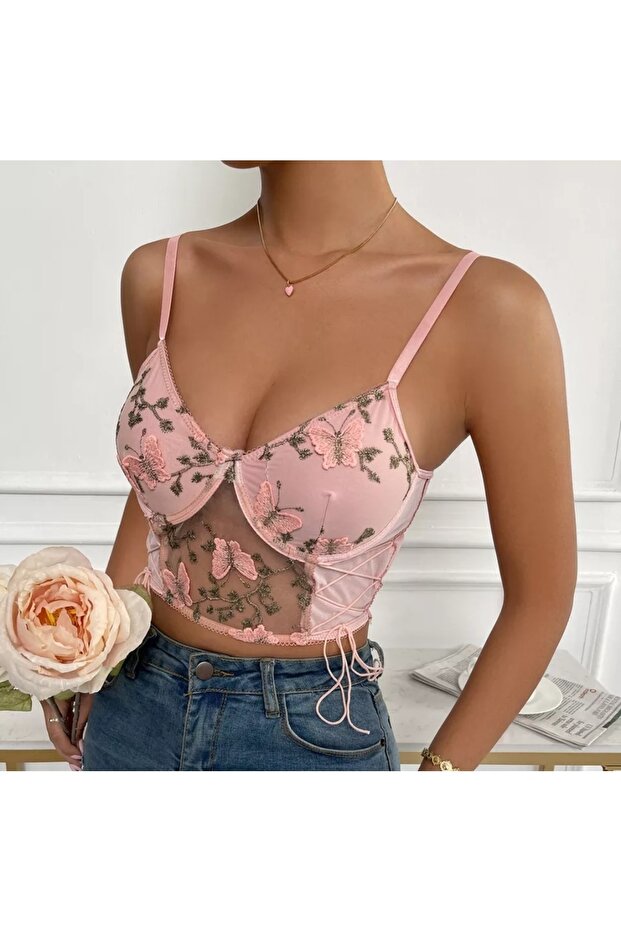 Butterfly Embroidered Pink Bustier Suitable for Daily Use