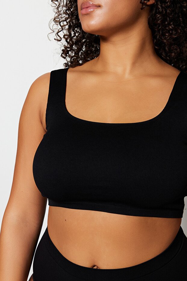 Siyah Seamless/Dikişsiz Balensiz Kapsız Esnek Bralette Örme Büyük Beden Sütyen TBBSS23CW00000 - 3