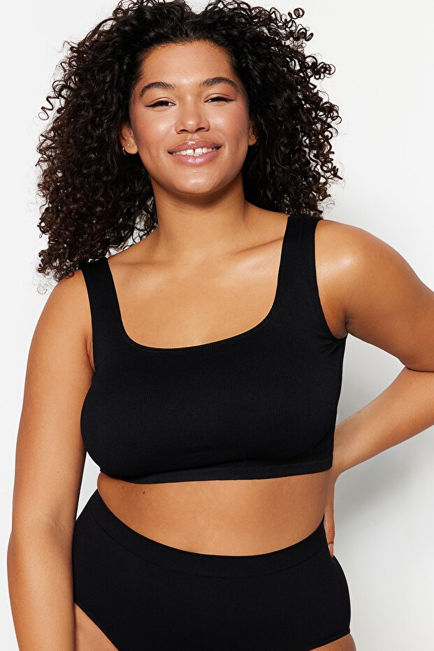 Siyah Seamless/Dikişsiz Balensiz Kapsız Esnek Bralette Örme Büyük Beden Sütyen TBBSS23CW00000 - 4