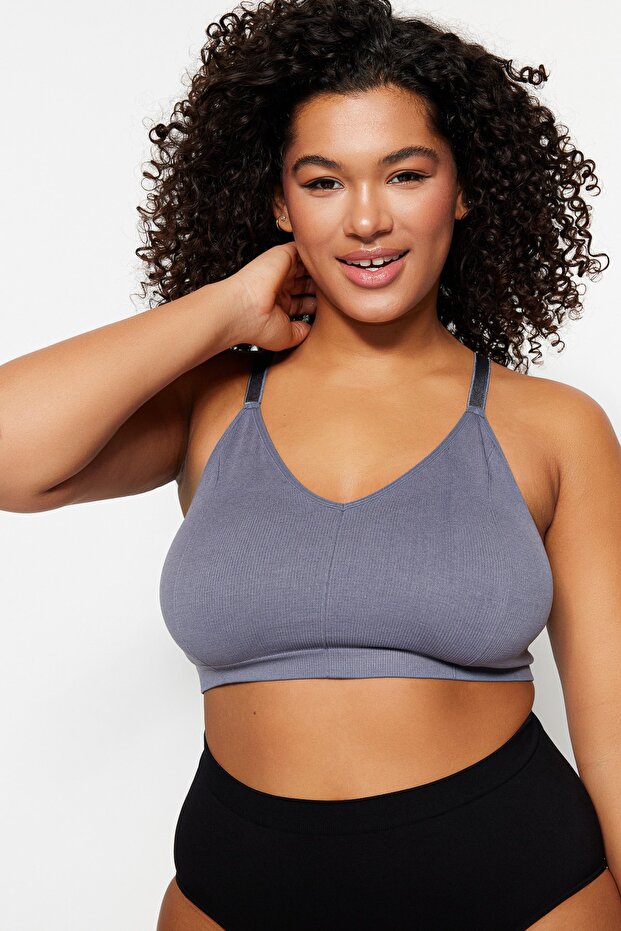 Gri Askılı Seamless/Dikişsiz Balensiz Kapsız Esnek Bralette Örme Büyük Beden Sütyen TBBSS23CW00001 - 5