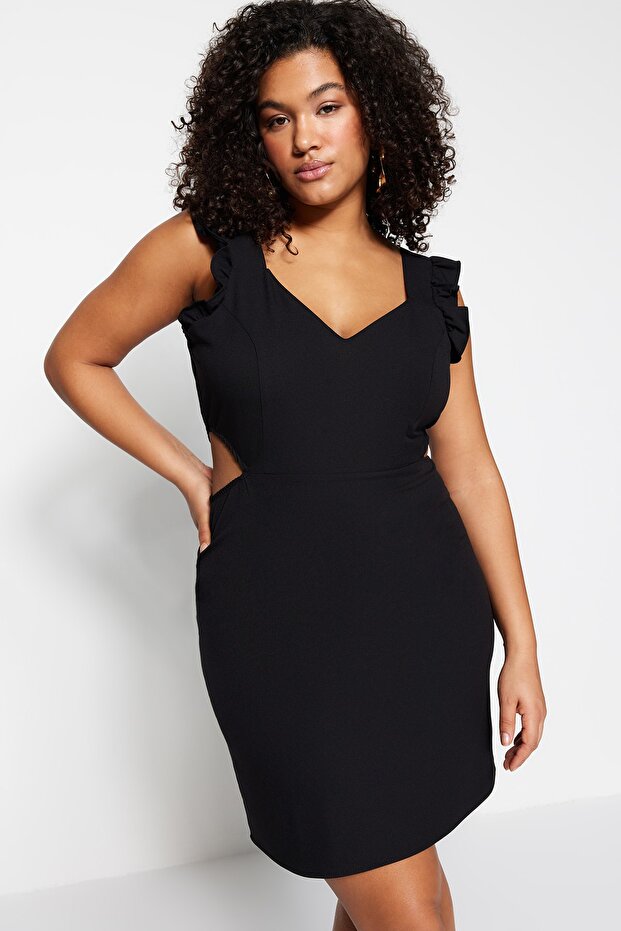 Siyah Cut Out Detaylı Askılı Dokuma Elbise TBBSS23AH00026 - 3