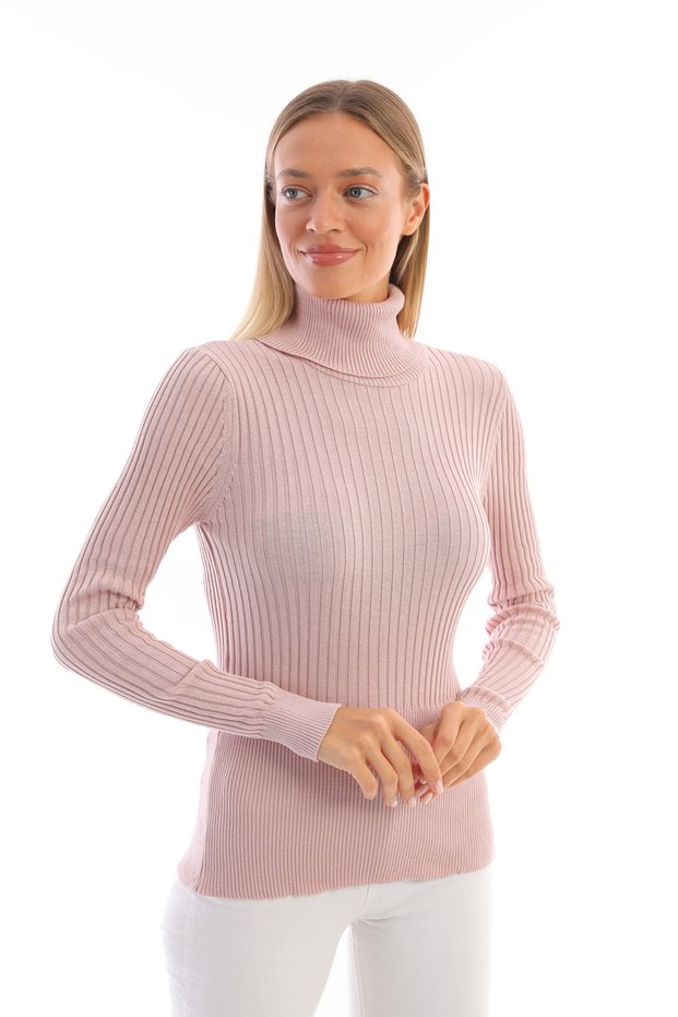 Women's Pink Corded Knitwear Turtleneck Sweater 100% Cotton Knitwear