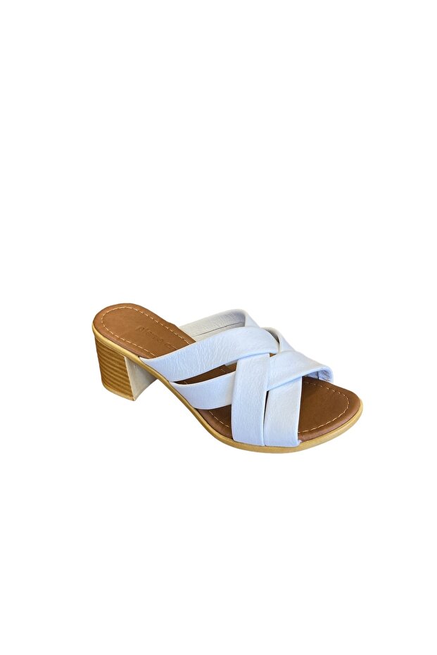 PC-7108 Genuine Leather Heeled White Women's Slippers