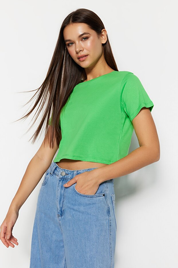 Mavi-Yeşil 2'li Paket %100 Pamuk Crop Bisiklet Yaka Örme T-Shirt TWOSS20TS1480 - 3