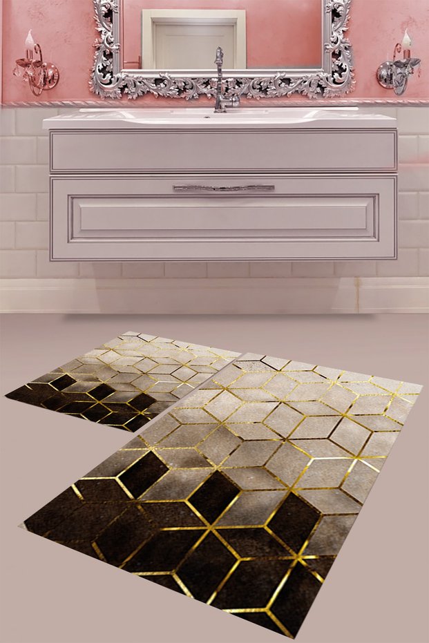 Gold Black Cube Striped Digital Printing Washable Non-Slip Base Modern Bath Mat