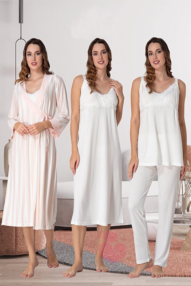 Effortt 9036 Ecru Striped Maternity Set of 4 with Dressing Gown