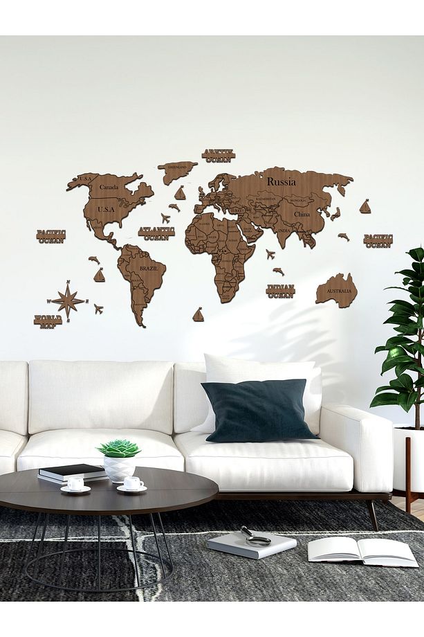 2 Boyutlu Ahşap Dünya Haritası Duvar Dekoru World Map - 3