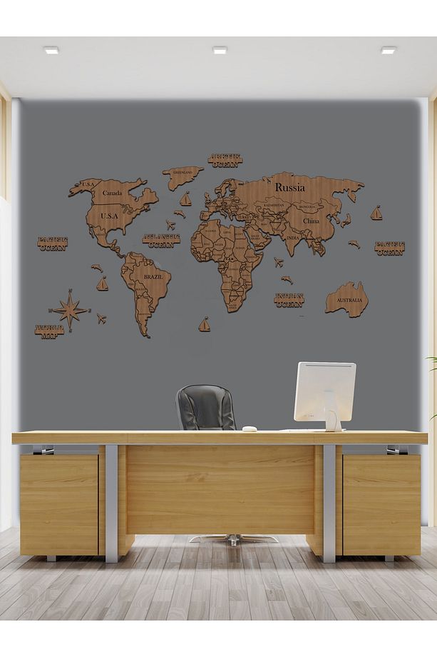 2 Boyutlu Ahşap Dünya Haritası Duvar Dekoru World Map - 4
