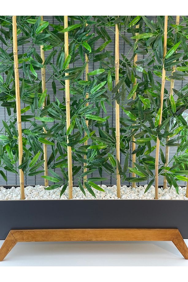Ahşap 1mt Saksılı 10gövde 180cm Yapay Yapraklı Dekoratif Bambu Seperatör Modern Ayaklı Tasarım Saksı - 8