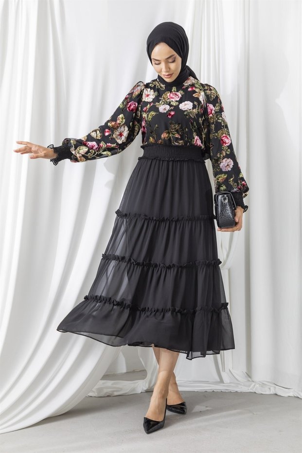 Black Hijab Dress with Floor Detail and Lined Chiffon Fabric Velvet Textured Floral Pattern Skirt 5971