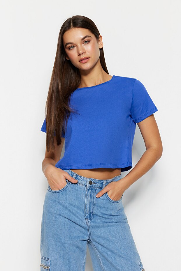 Mavi-Yeşil 2'li Paket %100 Pamuk Crop Bisiklet Yaka Örme T-Shirt TWOSS20TS1480 - 2