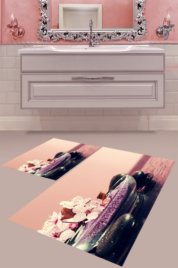 Pink Floral Digital Print Washable Non-Slip Base Modern Bath Mat