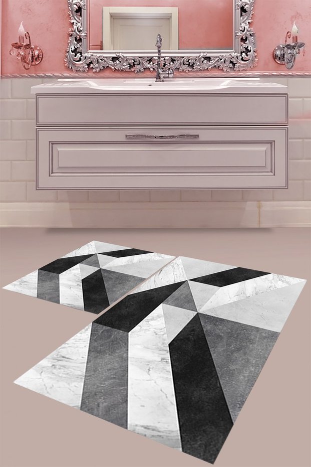Black Marble Veined Geometric Patterned Digital Printing Washable Non-Slip Base Bath Mat Set of 2