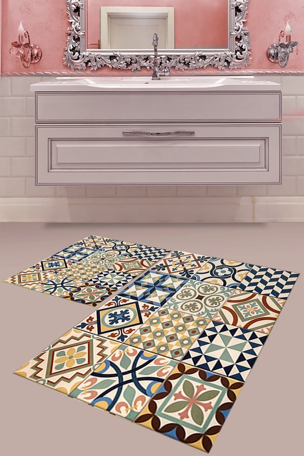Colorful Geometric Patterned Digital Printing Washable Non-Slip Base Modern Bath Mat