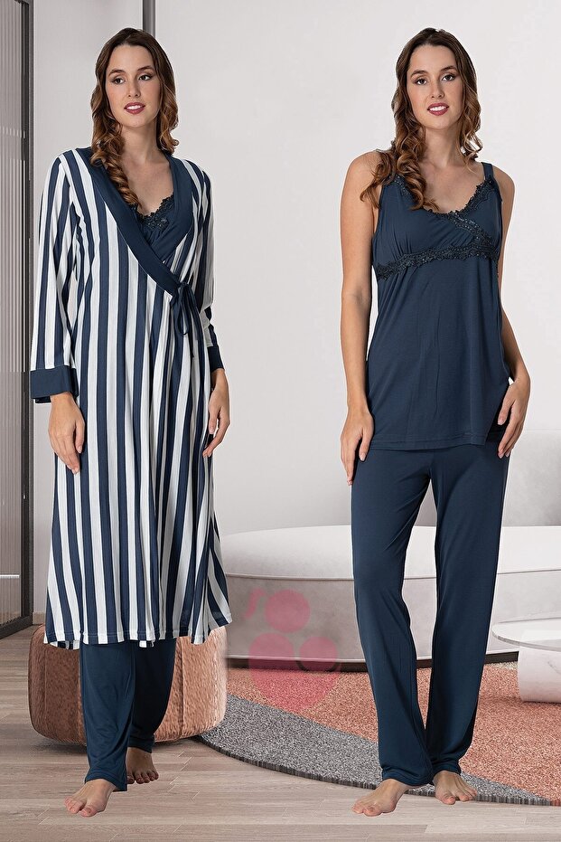 Effortt 9034 Navy Blue Striped Maternity Pajamas Set with Dressing Gown