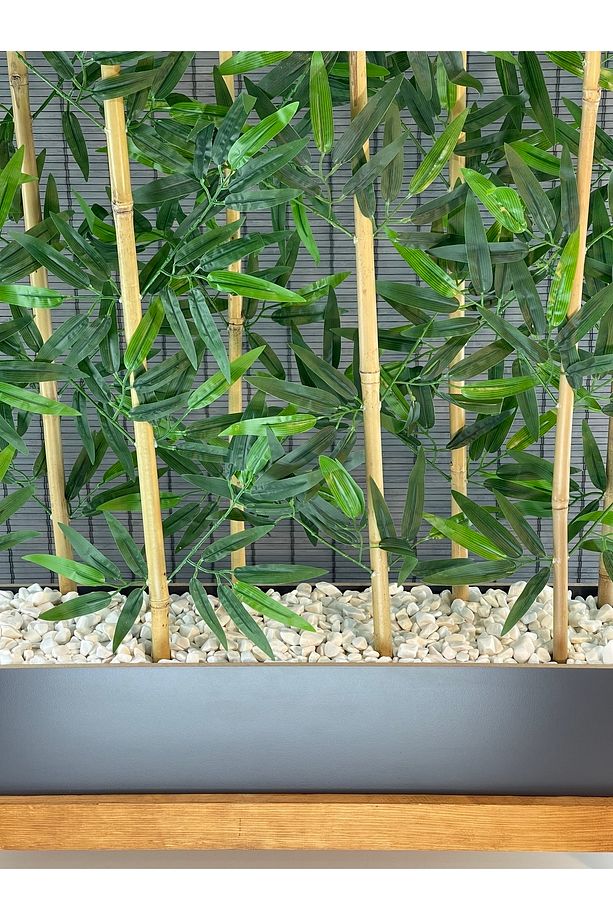 Ahşap 1mt Saksılı 10gövde 180cm Yapay Yapraklı Dekoratif Bambu Seperatör Modern Ayaklı Tasarım Saksı - 3