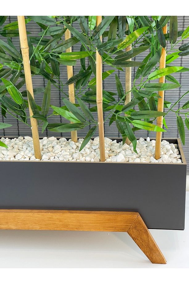 Ahşap 1mt Saksılı 10gövde 180cm Yapay Yapraklı Dekoratif Bambu Seperatör Modern Ayaklı Tasarım Saksı - 6