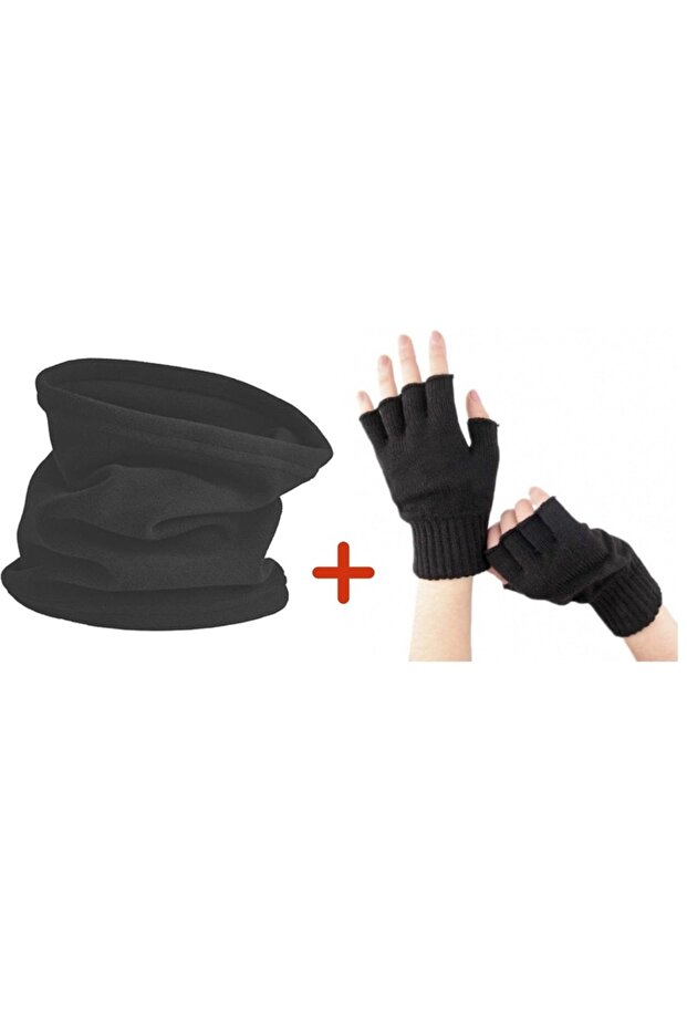 Orlon Winter Half Finger Gloves & Fleece Neck Collar Beanie 2-Pack