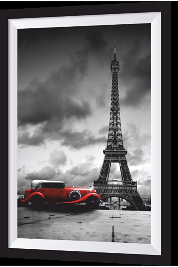 Paris Eiffel Tower Classic Car Artistic Frame Look Wooden Painting